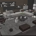 Modern Sofa And Round Coffee Table Set With Leather Armchair Ottomans Area Rug And Plant