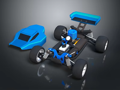 Blue And Black RC Racing Car Model With Large Wheels Rear Spoiler And Engine 3d model