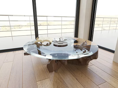 Transparent Glass Coffee Table With Wooden Base In Room With Large Windows And Wooden Floor 3d model