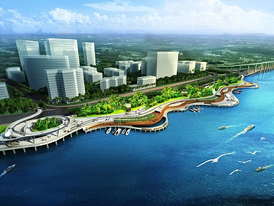 Waterfront Park Landscape With Urban Buildings Lush Greenery Scenic Walkway And Boats On Blue Water 3d model