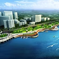 Waterfront Park Landscape With Urban Buildings Lush Greenery Scenic Walkway And Boats On Blue Water