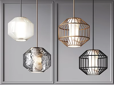 Various Styles Modern Pendant Lights With Metal Frame And Glass Shades 3d model