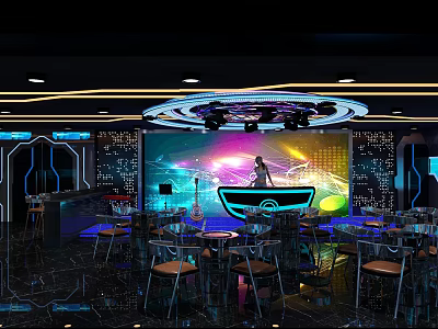 Modern Bar Interior With Colorful Light Background DJ Stage And Glass Tables 3d model