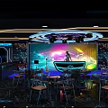Modern Bar Interior With Colorful Light Background DJ Stage And Glass Tables