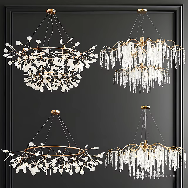 Elegant Modern Chandeliers With Gold Metal Frames Crystal Drops And Leaf Decorations 3d model
