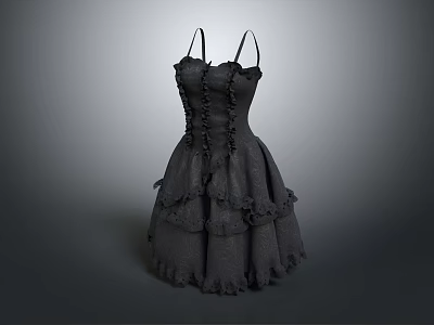 Gray Spaghetti Strap Dress With Layered Ruffled Skirt And Decorative Details 3d model