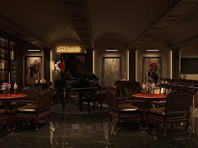 Elegant Bar Interior With Grand Piano Dining Tables And Decorative Paintings 3d model