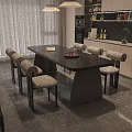 Modern Dining Table Set With Black Wooden Top And Six Beige Fabric Chairs