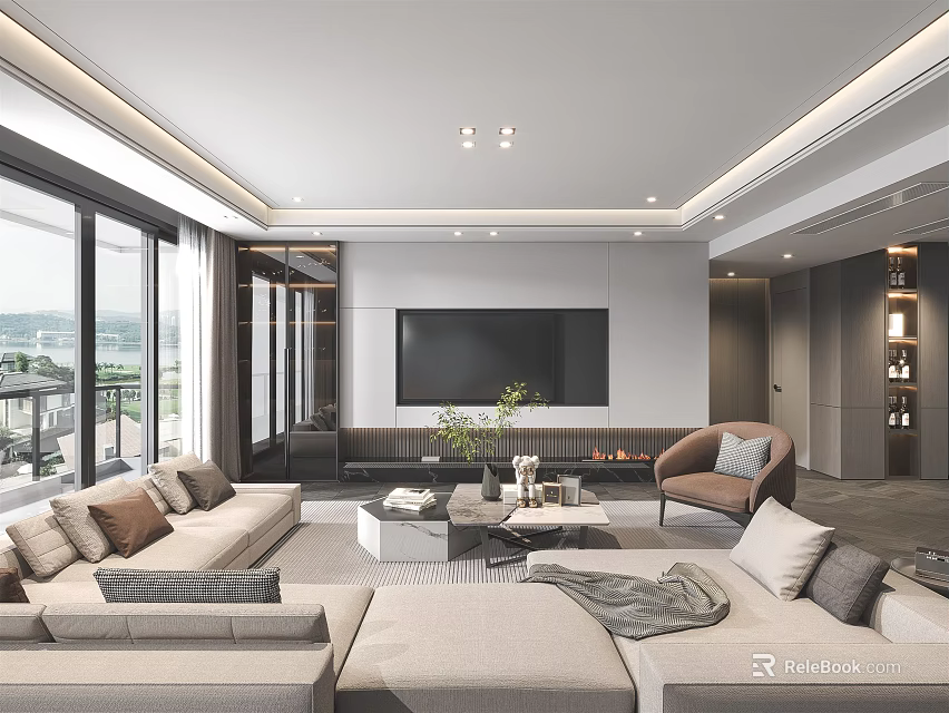 Modern Minimalist Living Room With Light Colored Sofas TV Wall And Fireplace 3d model