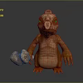 3D Game Movie Monster Character With Rough Skin Big Eyes Clawed Hands And Stone Object
