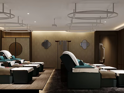 Modern SPA Sauna Interior Design With Comfortable Massage Beds Circular Decor And Soft Lighting 3d model