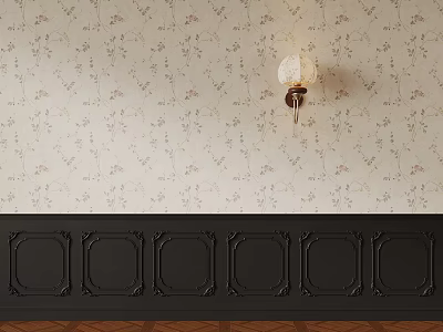 Light Floral Wallpaper With Dark Carved Wainscoting And Wall Sconce Decor 3d model
