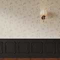 Light Floral Wallpaper With Dark Carved Wainscoting And Wall Sconce Decor
