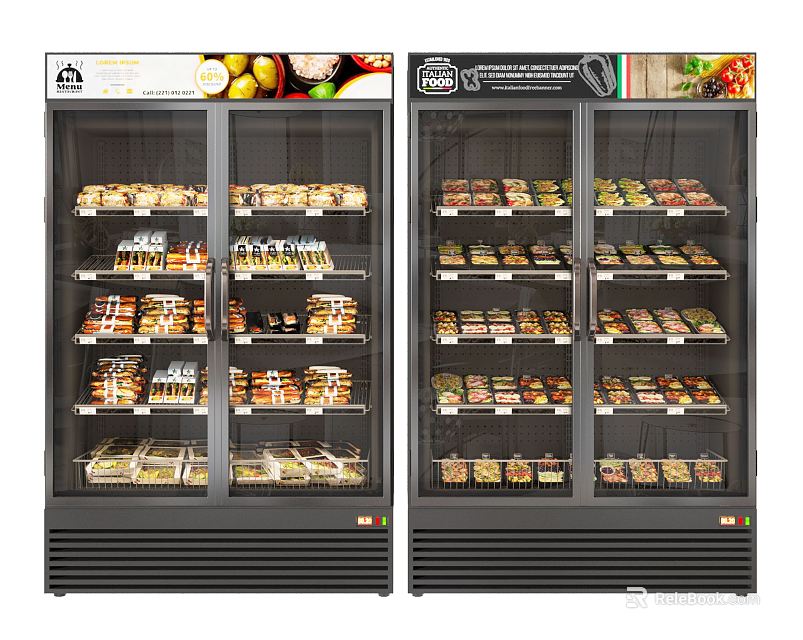 Commercial Display Freezers with Transparent Doors Stocked Various Food Items on Multi-tiered Shelves 3d model 
