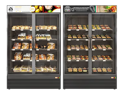 Commercial Display Freezers with Transparent Doors Stocked Various Food Items on Multi-tiered Shelves 3d model
