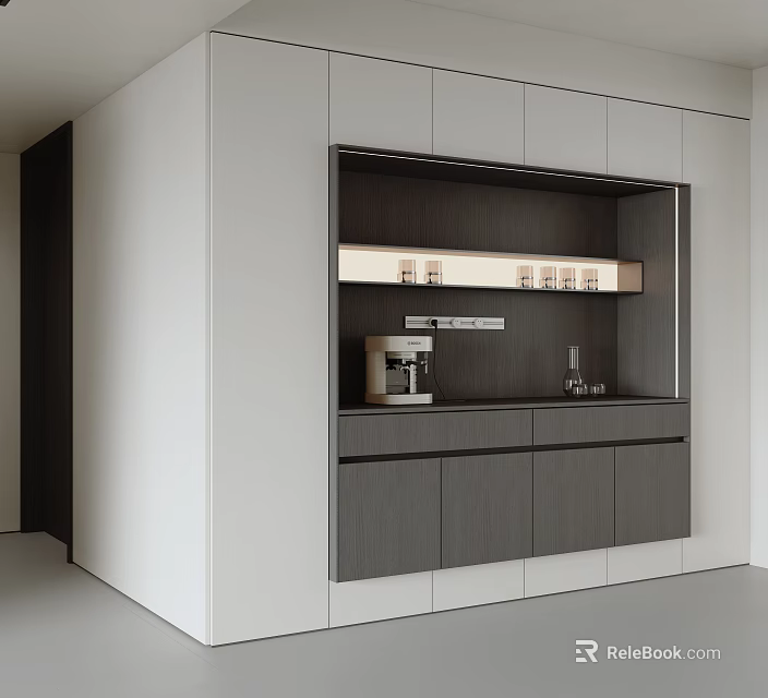 Modern Sleek Sideboard With Matte Finish Cabinets Built In Lighting And Coffee Machine 3d model 