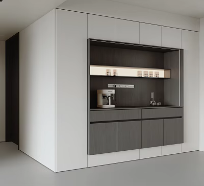 Modern Sleek Sideboard With Matte Finish Cabinets Built In Lighting And Coffee Machine 3d model