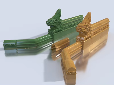 Traditional Building Facade With Green And Gold Decorative Dragon Carving Elements 3d model
