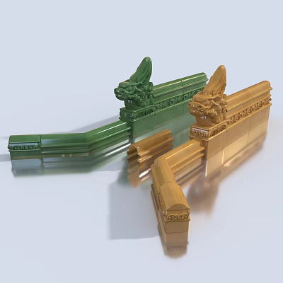 Traditional Building Facade With Green And Gold Decorative Dragon Carving Elements 3d model