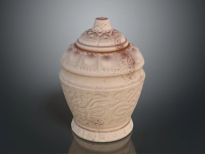 Light Colored Ceramic Jar With Lid And Intricate Carved Patterns 3d model