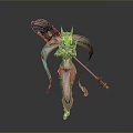 Elegant Woman in Golden Ornate Outfit Holding Decorative Staff with Intricate Headpiece and Flowing Ribbons
