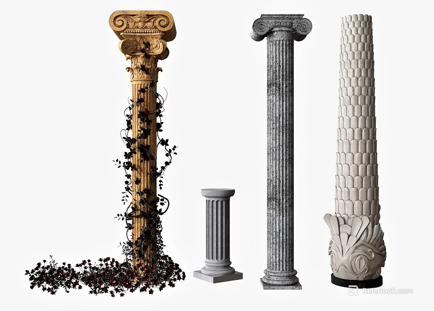 Ornate Classical Columns With Vines Decorative Carvings And Various Capital Designs 3d model 