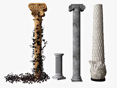 Ornate Classical Columns With Vines Decorative Carvings And Various Capital Designs 3d model