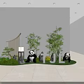 Charming Mini Garden Landscape with Panda Statues Green Plants Grass Stones and Lamp