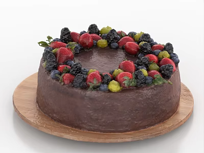 Delicious Chocolate Cake Topped with Fresh Strawberries Blueberries and Blackberries on Wooden Tray 3d model