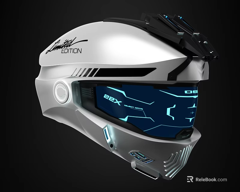 Futuristic Limited Edition Helmet Featuring Silver Black Design Blue Display And Glowing Accents 3d model 