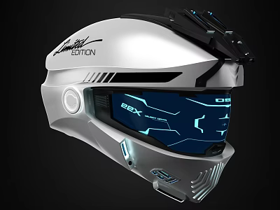 Futuristic Limited Edition Helmet Featuring Silver Black Design Blue Display And Glowing Accents 3d model