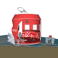 Red Coca-Cola Kiosk With Polar Bears On Beach At Sunset With Ice Blocks