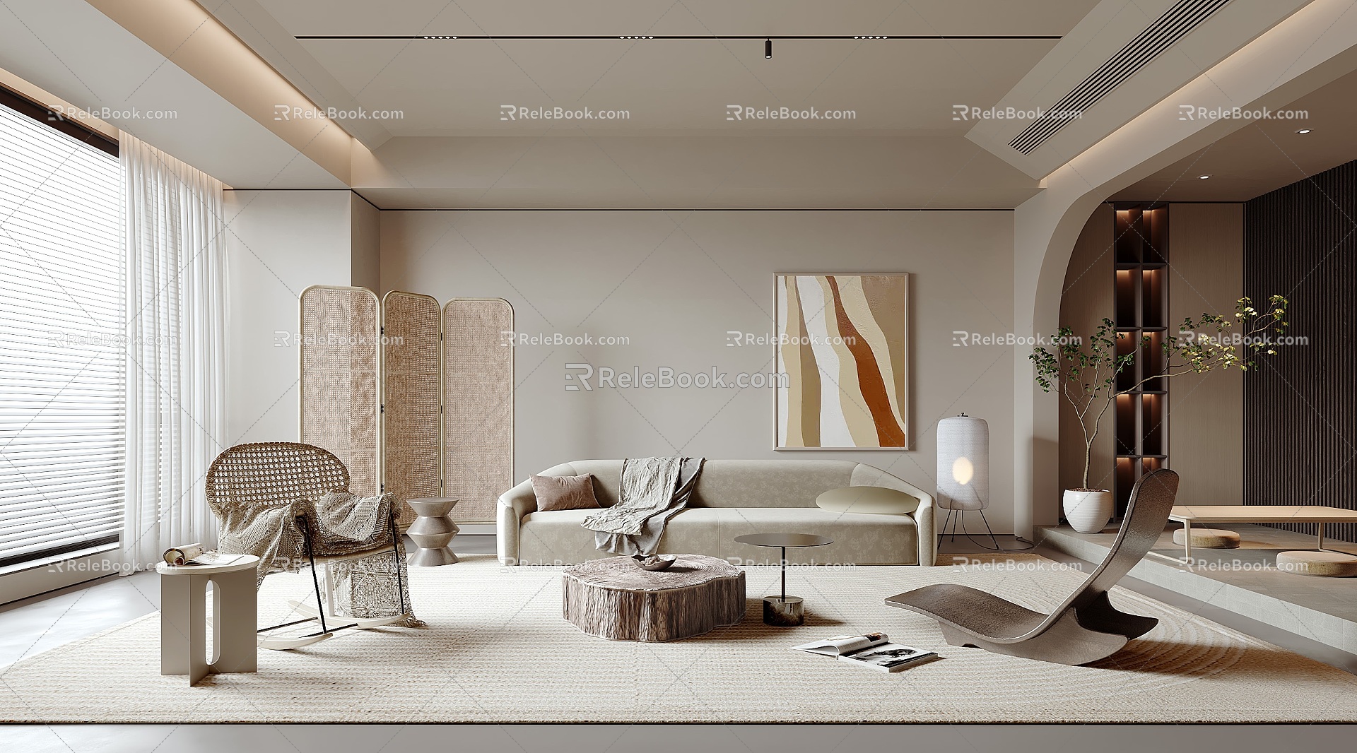 Quiet Style Living Room Single Chair Sofa Side Table Screen Potted Plant Hanging Picture Floor Lamp Tea Table 3d model