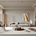 Quiet Style Living Room Single Chair Sofa Side Table Screen Potted Plant Hanging Picture Floor Lamp Tea Table 3d model