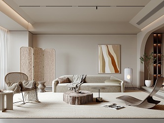 Quiet Style Living Room Single Chair Sofa Side Table Screen Potted Plant Hanging Picture Floor Lamp Tea Table 3d model