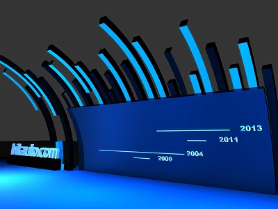 MindCom Themed Background Wall With Blue Black Curved Structures And Timeline Dates 3d model