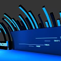 MindCom Themed Background Wall With Blue Black Curved Structures And Timeline Dates