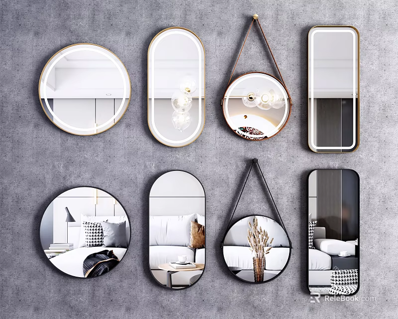 Decorative Wall Mounted Mirrors With Various Shapes And Metal Frames Showing Room Reflections 3d model 