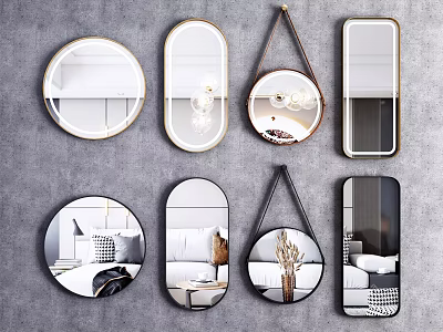 Decorative Wall Mounted Mirrors With Various Shapes And Metal Frames Showing Room Reflections 3d model