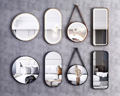 Decorative Wall Mounted Mirrors With Various Shapes And Metal Frames Showing Room Reflections 3d model