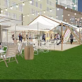 Vibrant Commercial Street with Tents String Lights and Green Grass at Free Camp