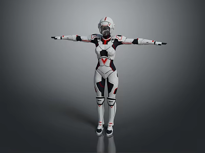 Game Movie Character In White Red Black Armor Suit With Arms Outstretched Standing Pose 3d model