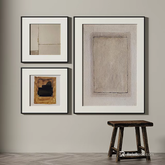 Abstract Paintings Framed Artwork on Wall with Neutral Tones and Wooden Stool Accent 3d model 