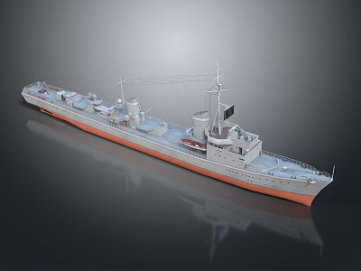 Warship Model With Gray Hull Red Bottom Turrets And Masts On 3d model