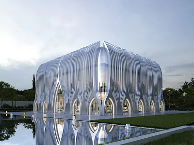 Modern Streamlined Sales Office Building With Glass Facade Arched Windows And Water Reflection 3d model