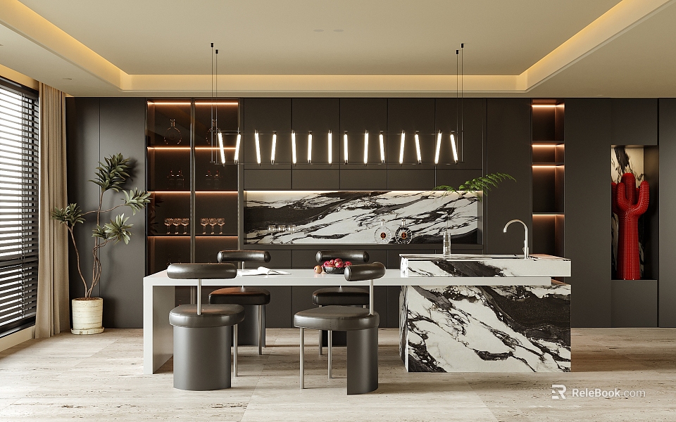 Modern Restaurant Interior With Marble Island Black Cabinets Hanging Lights And Green Plants 3d model 