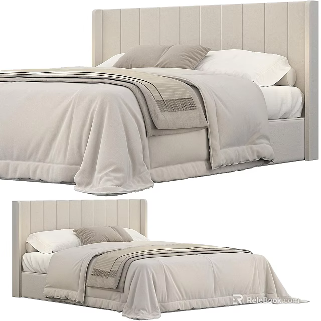 Light Beige Double Bed With Upholstered Headboard Soft Bedding And Striped Accents 3d model 