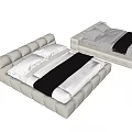 Beige Double Bed with Upholstered Headboard White Pillows and Black Bed Runner 3d model