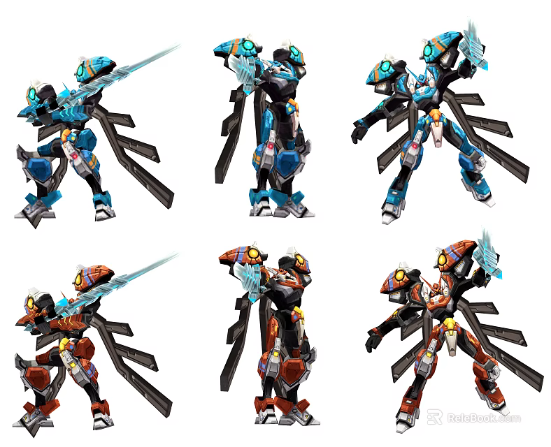 Smart Machine Robots in Different Poses with Blue and Red Colors and Mechanical Parts 3d model 