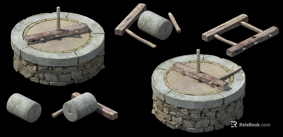 Traditional Rustic Garden Ornaments Featuring Stone Mill Roller And Circular Structure 3d model 